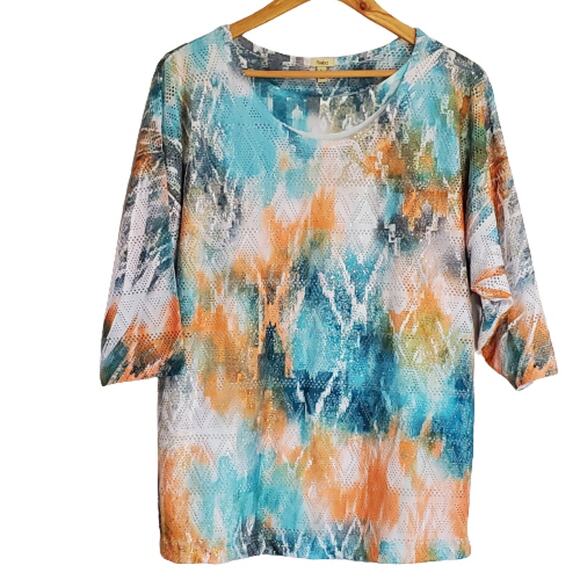 Reba Orange Blue Multicolor Layered Lined 3/4 Sleeve Tunic Large - Picture 1 of 9